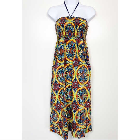 Band of Gypsies Smocked Midi Sundress, Boho, Multi-Color Medallion Print, Small - Picture 1 of 7